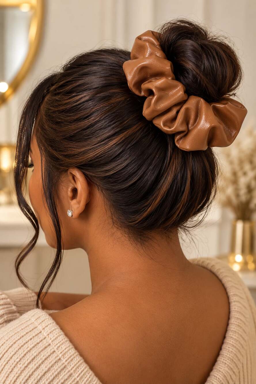 Brown Leather Scrunchie Oversized Luxe Minimalist Elevated